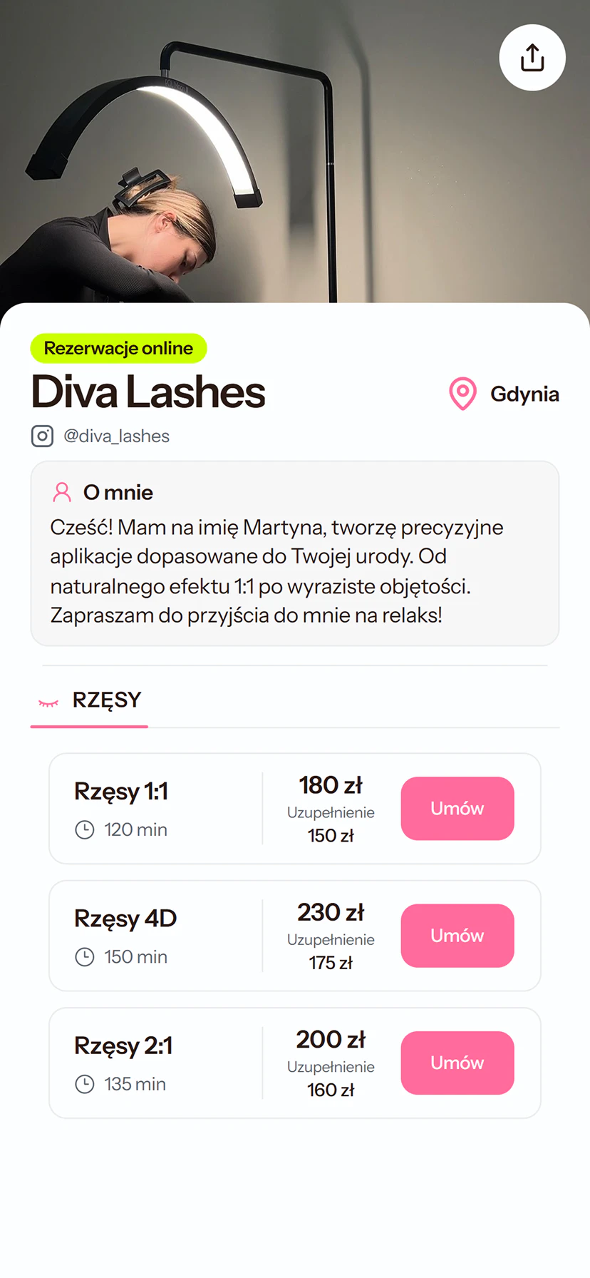 Wybór usługi w zapisach online Calendi
