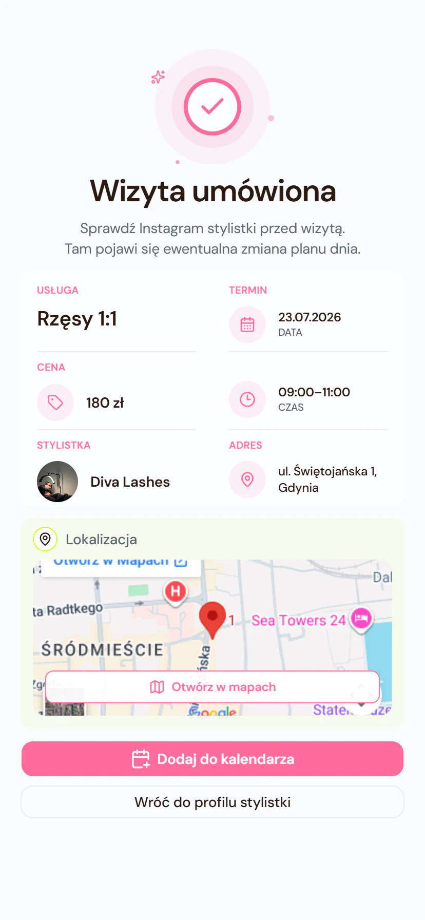 Potwierdzenie rezerwacji wizyty w Calendi